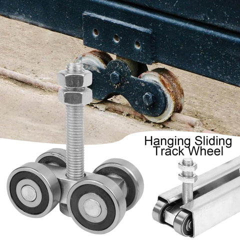 Beefy Heavy Duty Sliding Door Roller Replacement Kit With Steel Track Wheel Hanger And Barn Door Rail Trolley, shown installed
