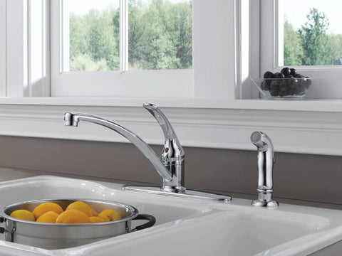 Chrome Kitchen Faucet With Side Sprayer For 8 Inch Center Four Hole Install Single Handle Contemporary Design in kitchen