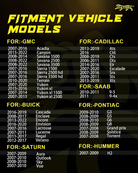 Fitment vehicle models chart for Preprogrammed 315Mhz Tire Pressure Monitoring System Sensors For Gmc Terrain Sierra Acadia Yukon.