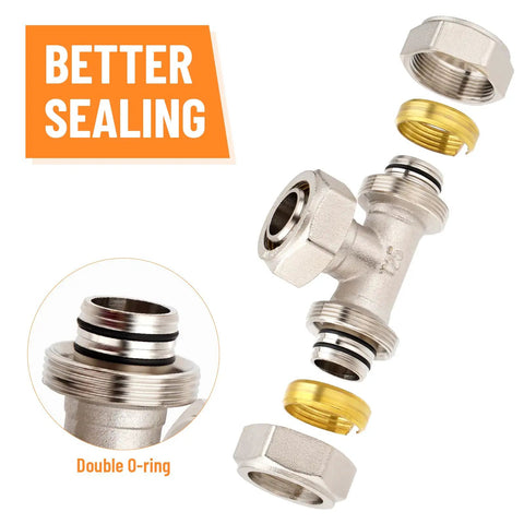 Three Quarter Inch Tee Air Fitting For Compressed Air Systems, Nickel Plated Brass With Double O Ring Seals, 200 PSI
