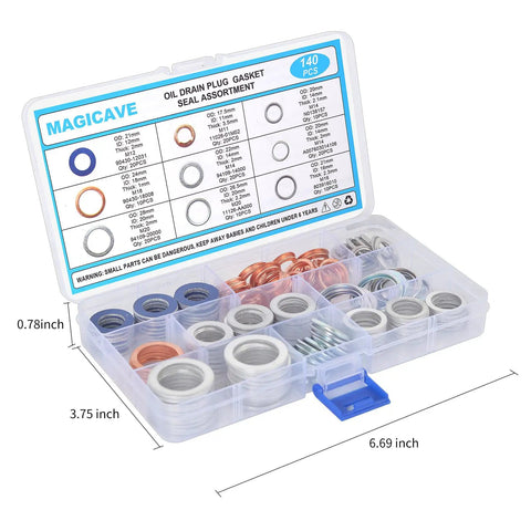 140 Piece Oil Drain Plug Gasket Set, Crush Washer Seals Kit for Toyota, Honda, Subaru in clear plastic case with dimensions