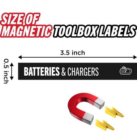 84 Piece Magnetic Tool Drawer Labels Set For Steel Tool Boxes And Cabinets label size 3.5 x 0.5 inches shown with magnet icon