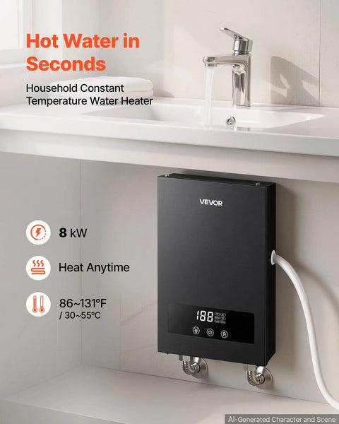 8KW Tankless Electric Water Heater 240V Instant Hot Water System NoFuss Wall Mount with digital display and plumbing connections.