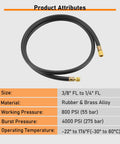 Beefy Heavy Duty Vacuum Hose Three Eighths Inch Six Foot For HVAC Quick Evacuation Black High Pressure 800 PSI Working Pressure