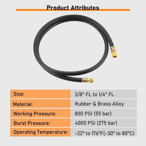 Beefy Heavy Duty Vacuum Hose Three Eighths Inch Six Foot For HVAC Quick Evacuation Black High Pressure 800 PSI Working Pressure