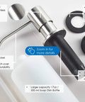 Multipurpose Kitchen Sink Soap Dispenser in Brushed Nickel with stainless steel pump, parts shown including nozzle and bottle