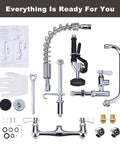 Pro Grade Commercial Kitchen Faucet With Pre Rinse Sprayer Wall Mount Eight Inch Center Nine Point Six Inch Swing Add On Spout Twenty Five Inch Height Pull Down Spray For Busy Prep Stations parts and assembly layout.