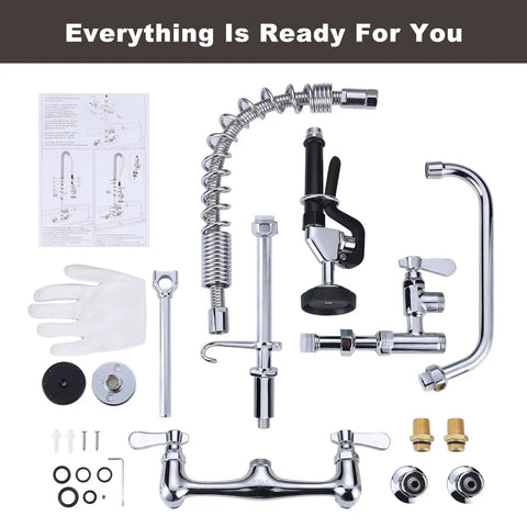 Pro Grade Commercial Kitchen Faucet With Pre Rinse Sprayer Wall Mount Eight Inch Center Nine Point Six Inch Swing Add On Spout Twenty Five Inch Height Pull Down Spray For Busy Prep Stations parts and assembly layout.