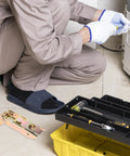 Person installing 2 Sets No Sweat Heavy Duty Refrigerator Door Hinge Kit with Outer Shell for Left and Right Sides next to toolbox