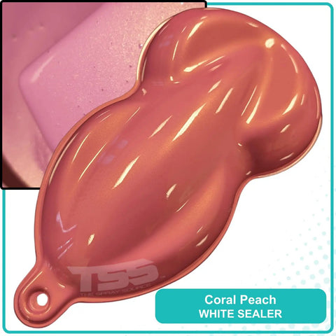 Top Shelf Coral Peach Basecoat Paint Gallon 128 Oz Pre Blended Formula With Slow Reducer For Smooth Automotive Refinishing That Rolls Out Even And Stays Totally Sharp, coral peach paint sample on a color guide.