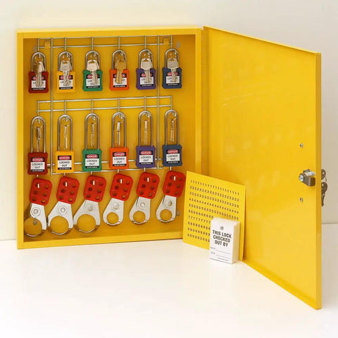 Lockout Tagout Cabinet Kit for Padlocks in yellow, open with multiple padlocks, tags, and anti-theft design. OSHA compliant access management.