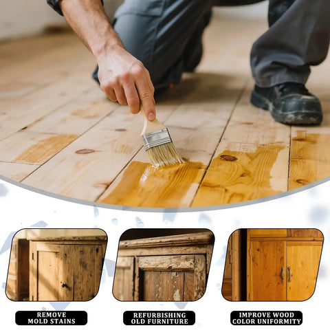 Top Shelf Oxalic Acid Wood Bleach One Pound Powder Formula applied to wood floor for stain removal and restoration.