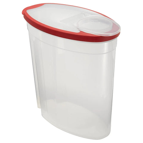 Flex And Seal Airtight Food Storage Container With Large Mouth Keeps Cereals Locked Down Smooth Operator Style Plus Bpa Free Build, clear jar with red lid.
