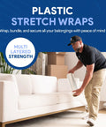 18 Inch Plastic Stretch Film Roll 1200 Feet Offers 500 Percent Stretch Capacity And 3 Inch Smooth Core Heavy Duty Packing Supply in use wrapping a sofa.