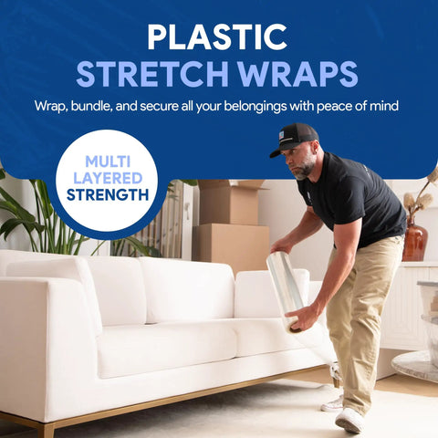 18 Inch Plastic Stretch Film Roll 1200 Feet Offers 500 Percent Stretch Capacity And 3 Inch Smooth Core Heavy Duty Packing Supply in use wrapping a sofa.