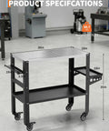 Dang Solid Heavy Duty Welding Table Workbench With 36 X 18 Inch Steel Top And Locking Casters Holds 1200 Lbs showing product specs 36in x 18in dimensions.