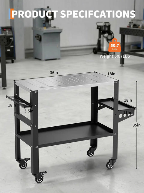 Dang Solid Heavy Duty Welding Table Workbench With 36 X 18 Inch Steel Top And Locking Casters Holds 1200 Lbs showing product specs 36in x 18in dimensions.