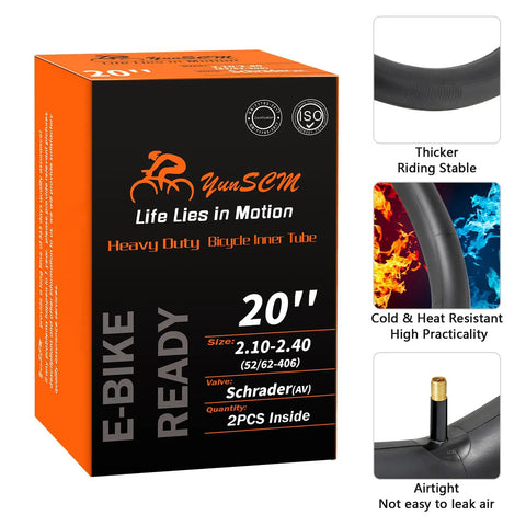 Heavy Duty 20 Inch Bike Inner Tubes 2 Pack 20x2.10 To 2.40 Butyl With Schrader Valve packaging with tire features.