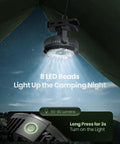 Portable Camping Fan With LED Lantern, 360 Degree Rotation, Clip On For Desk Or Tent, USB Rechargeable Battery hanging inside tent