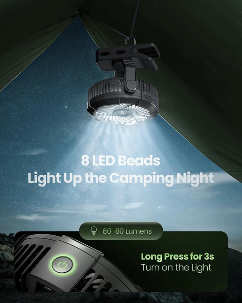 Portable Camping Fan With LED Lantern, 360 Degree Rotation, Clip On For Desk Or Tent, USB Rechargeable Battery hanging inside tent