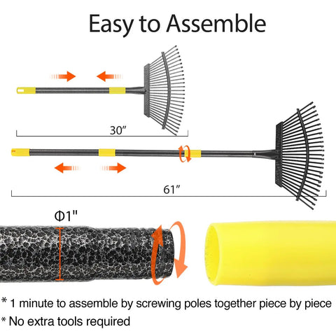 Heavy Duty Leaf Rake With An 18 Inch Wide Metal Head And 25 Tines Extendable 30 To 61 Inch Long Handle Rustproof Skidproof Yard Rake