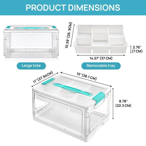 Big 24 Qt Clear Plastic Craft Organizer With Removable Trays And Dividers For Art Supplies shown with dimensions