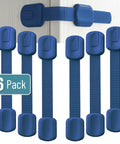 Six Pack Dark Blue Child Safety Strap Locks For Cabinets And Drawers, Kitchen, Fridge, Toilet And Furniture, Easy Install With Quick 3M Adhesive, Multi Purpose Babyproofing Keeps Cords And Kids Safe, shown with one installed on cabinet