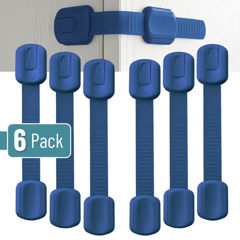 Six Pack Dark Blue Child Safety Strap Locks For Cabinets And Drawers, Kitchen, Fridge, Toilet And Furniture, Easy Install With Quick 3M Adhesive, Multi Purpose Babyproofing Keeps Cords And Kids Safe, shown with one installed on cabinet
