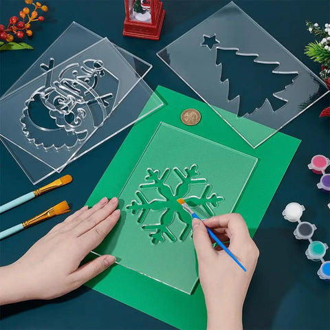 Top Tier Christmas Acrylic Lantern Templates Set Of Four Featuring Santa Claus Pine Tree Snowman And Snowflake Router Cutters To Level Up Your DIY Woodworking Fabric Sewing Crafts Game On Autopilot With Nailed Results Measuring Eight By Five Point Five in use with painting method.
