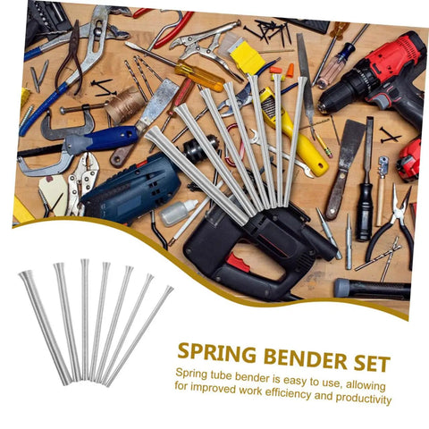 Durable 10 Piece Spring Tubing Bender Set For Plumbing And Electrical Projects displayed among various tools on a workbench.