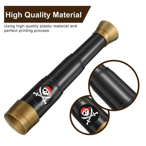 Two Pack Pirate Telescope Toys For Kids Mini Handheld Monocular Bronze And Black Set For Curious Explorers, Perfect For Pretend Sea Adventures, Sharing With Friends, Outdoor Fun, And Educational Imagination. Black plastic pirate telescope with bronze ends
