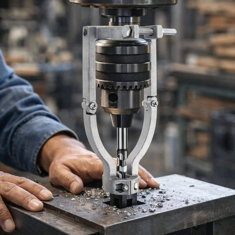 Square Hole Drill Bit Adapter For Drill Press Or Hand Drill, Pro Grade Heavy Duty Dual Use Mortising Attachment in action