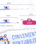 Kid Friendly Portable Telescopic Fishing Rod And Reel Combo With Tackle Box In Lavender And Blossom Pink, sizes shown next to bag.