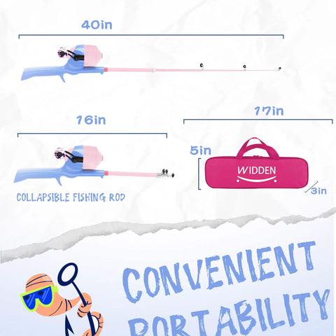 Kid Friendly Portable Telescopic Fishing Rod And Reel Combo With Tackle Box In Lavender And Blossom Pink, sizes shown next to bag.