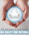 Hands holding PVC resin with a five-way connector inset, highlighting high-quality materials for 12 Pack Three Quarter Inch PVC Pipe Fittings.