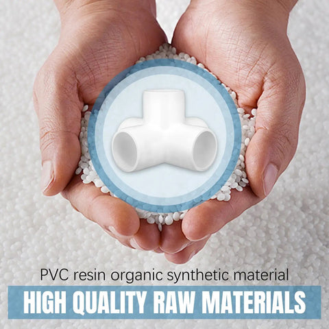 Hands holding PVC resin with a five-way connector inset, highlighting high-quality materials for 12 Pack Three Quarter Inch PVC Pipe Fittings.