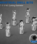 XJX 8-piece annular cutter set with Weldon shank; front view, magnetic drill bits, 1 inch cutting depth, 1/2-1-1/16 inch diameters