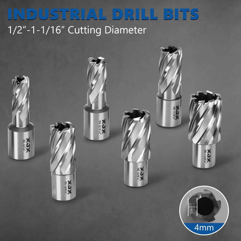 XJX 8-piece annular cutter set with Weldon shank; front view, magnetic drill bits, 1 inch cutting depth, 1/2-1-1/16 inch diameters