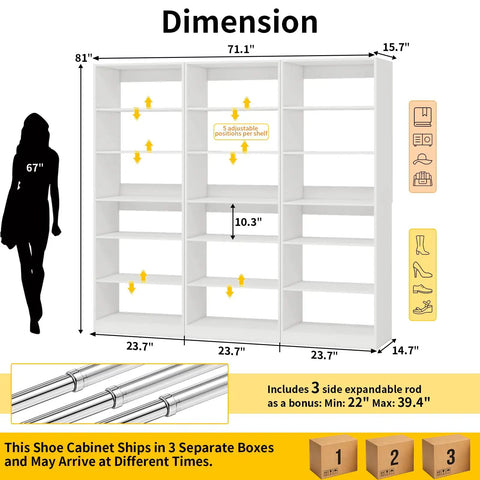 Dimensions of 18 Tier Tall Shoe Cabinet Wooden Shoe Rack White Narrow Shoe Storage Organizer With Removable Shelves for Small Spaces.