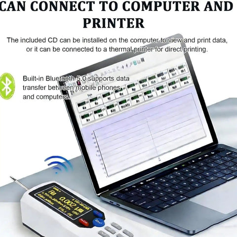 Portable Handheld Roughness Meter With 160 Micron Range Pro Grade Profilometer connected to laptop for data analysis