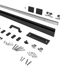 Components of Six Foot Sliding Barn Door Hardware Track Kit With Handles In Black, Slick Low Profile Aluminum Box Rail shown