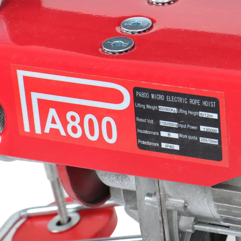 Close-up of the Heavy Duty 1760 Lb Electric Hoist With Remote Control 110V Overhead Winch Steel Cable showing specifications label