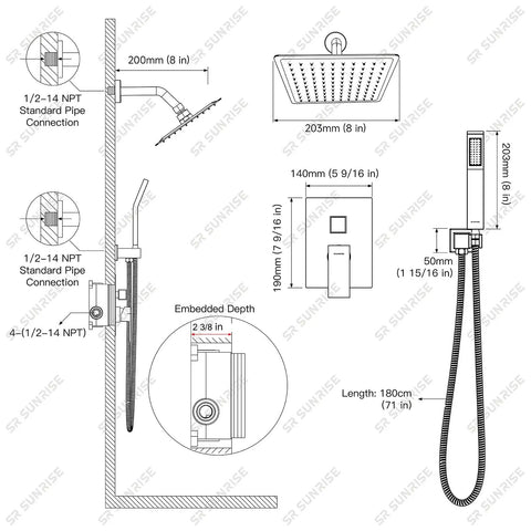 Detailed blueprint of 8 Inch Rain Shower Head And Handheld Shower System With Turbocharged High Pressure Water Flow All Metal Shower Faucet Trim Kits Polished Chrome Finish Durable 304 Stainless Steel Construction For Long Lasting Spa Grade Shower Experience, showcasing dimensions and parts connection.