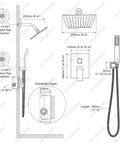Technical specs diagram of Shower Faucet Set With 8 Inch Rain Shower Head And Handheld Sprayer, Wall Mounted System, Brushed Nickel.