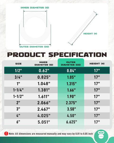 Product specifications for 1/2 Inch PVC Pipe 6 Pack, 17 Inch Long Schedule 40 PVC Tubing details including diameter and height measurements.