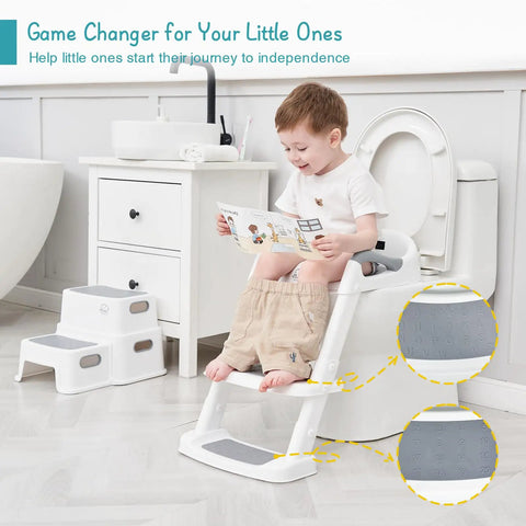 Hassle Free Potty Training Toilet Seat With Step Stool And Foldable Toddler Insert With Plush Cushion And Secure Handles For Smooth Big Kid Transition In White Grey