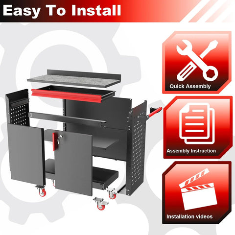 Beefy Metal Garage Storage Cabinet On Wheels With Lockable Doors And Adjustable Shelves, Pegboard, And Heavy Duty Tool Locker For Garage Or Warehouse. Exploded view with wheels, shelves, and assembly icons