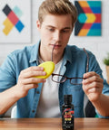 Man using Fast Acting Eyeglass Scratch Remover 50g with sponge to polish glasses, battling oxidation and foggy buildup.