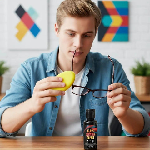 Man using Fast Acting Eyeglass Scratch Remover 50g with sponge to polish glasses, battling oxidation and foggy buildup.