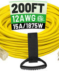 Heavy Duty Outdoor Extension Cord 200 Ft 12 Gauge 3 Conductor Waterproof with Lighted End, Yellow, ETL Listed, Coiled View